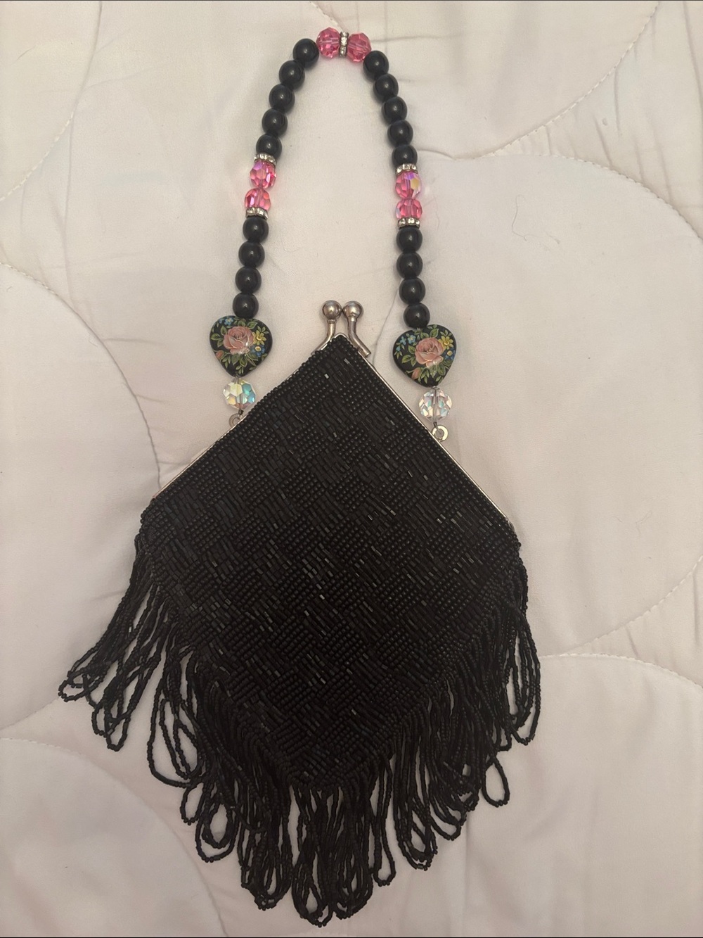 Black Beaded Fringe Evening Bag with Floral Bead Strap